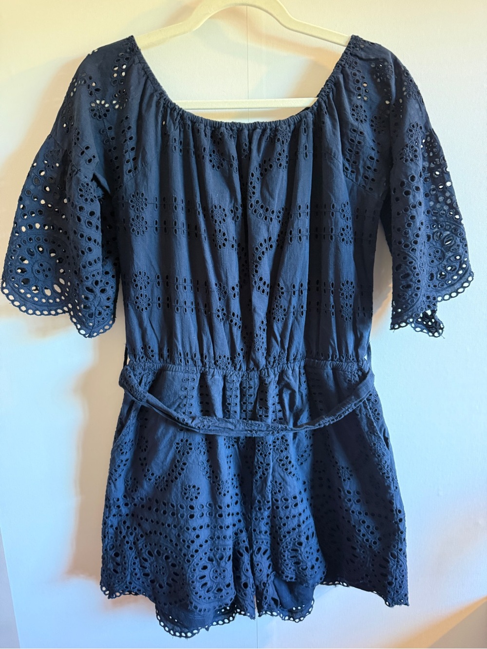 Sperry Eyelet Romper Large Navy Blue Off Shoulder Coastal Cottagecore